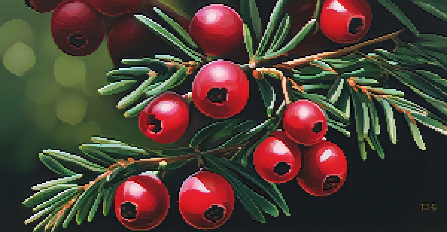 Close-up of red yew tree berries against dark green leaves, illuminated by sunlight.