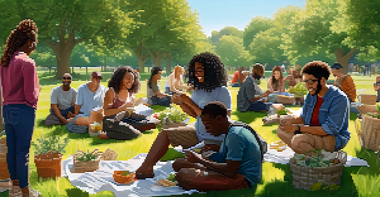 A group of people in a park enjoying a foraging workshop, sharing knowledge and examining plants, with picnic blankets and baskets around them.