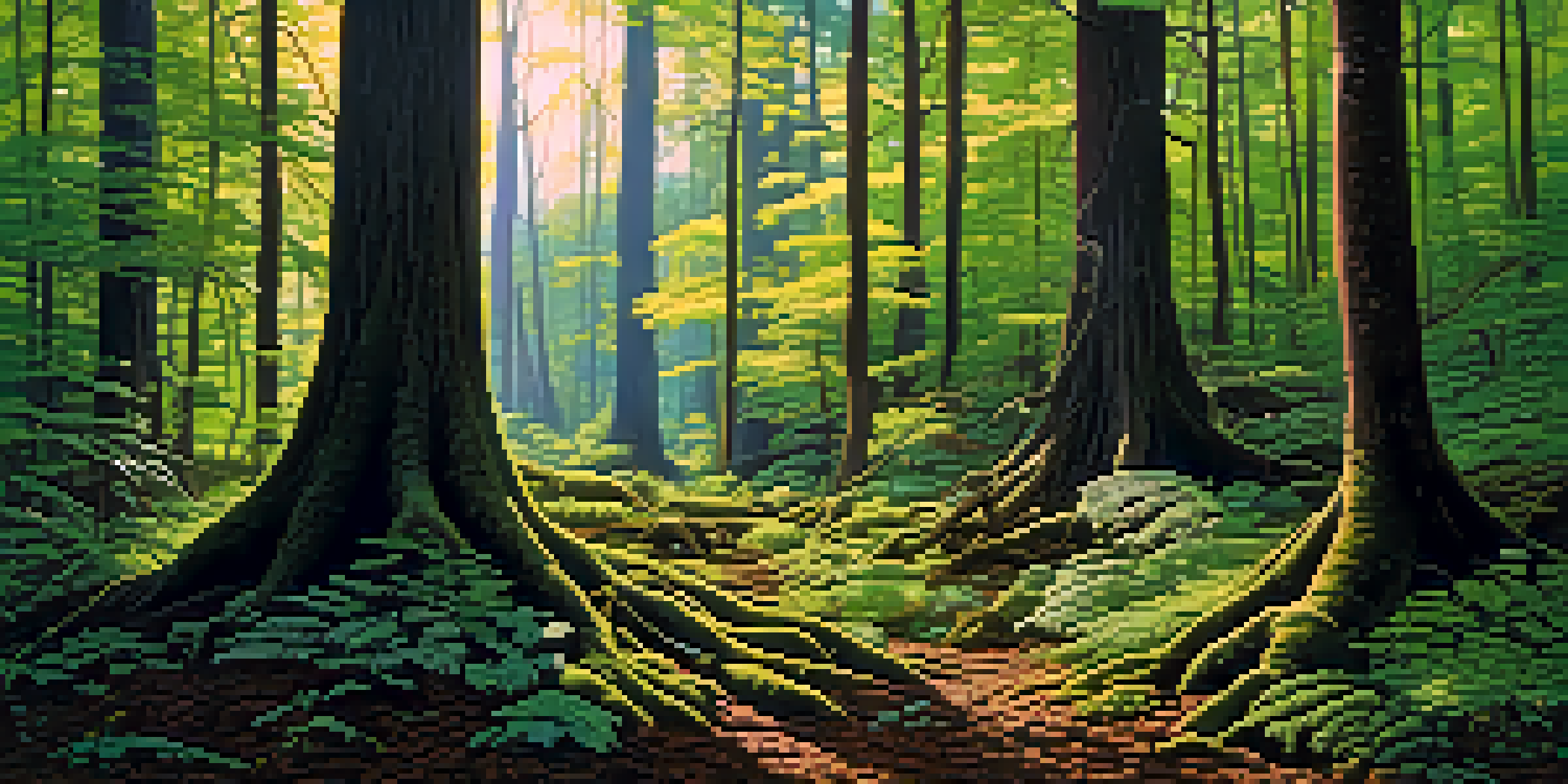 A forest scene with tall trees and visible roots, sunlight streaming through the leaves onto the nutrient-rich soil below.