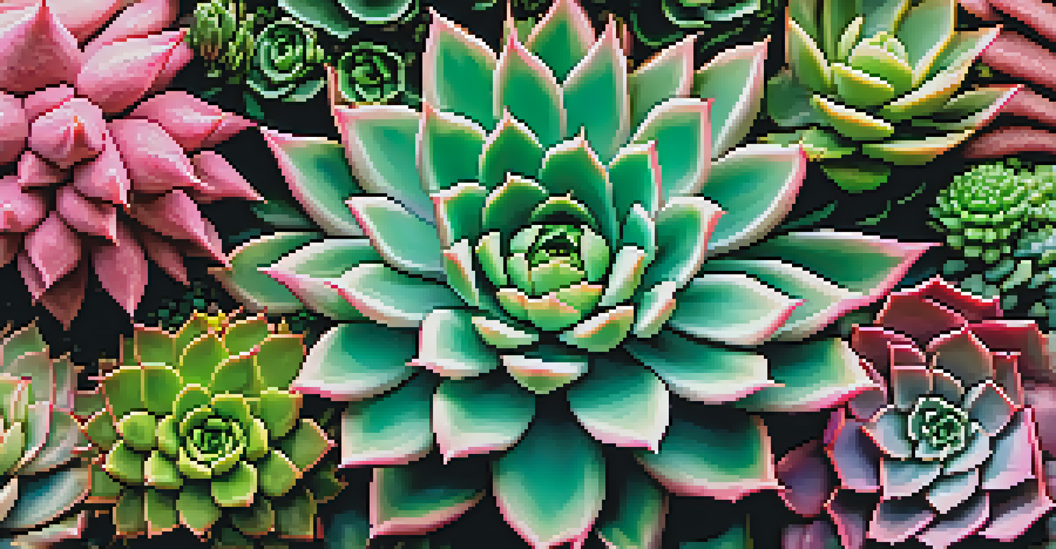 A close-up of a vertical garden showcasing different succulents and flowering plants with water droplets on leaves.
