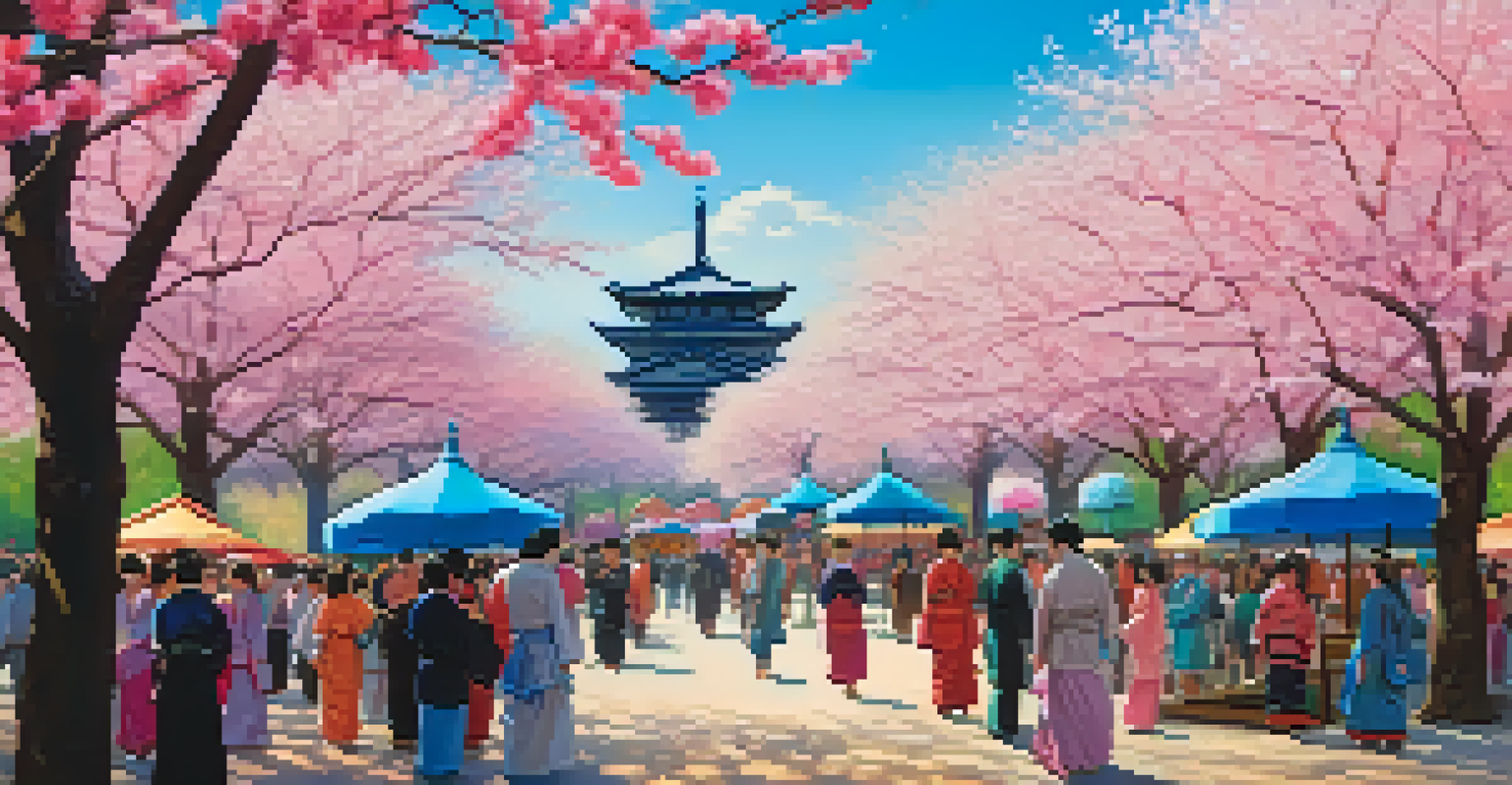 A lively cherry blossom festival with people dancing and enjoying food under blooming sakura trees.