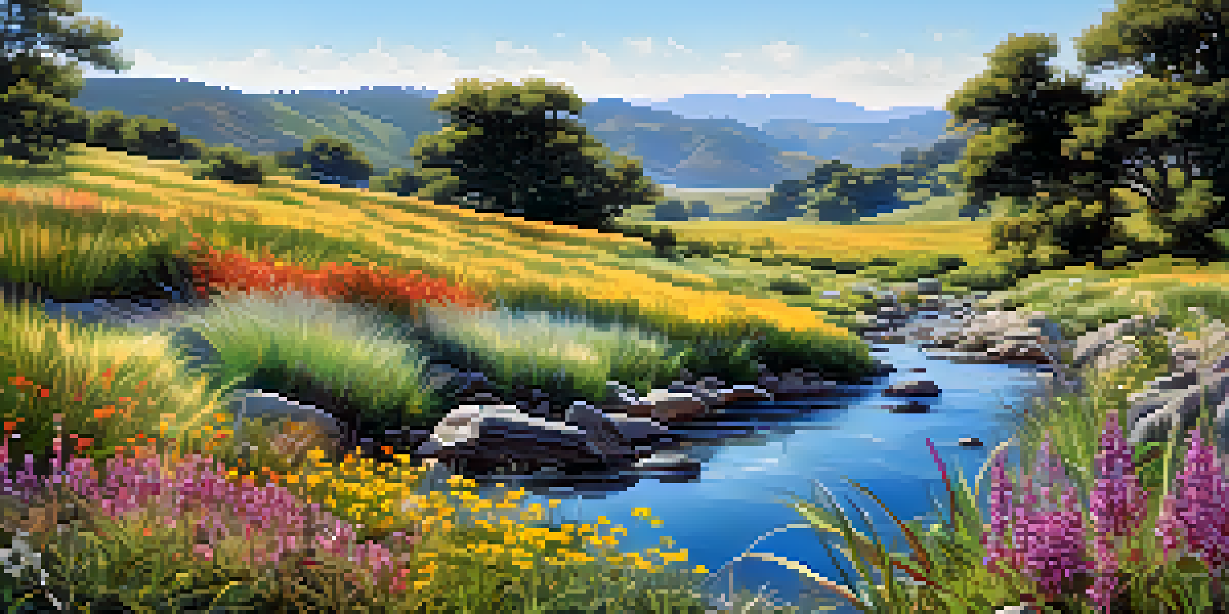 A colorful native plant landscape with blooming wildflowers and grasses, accompanied by a small stream under a clear blue sky.