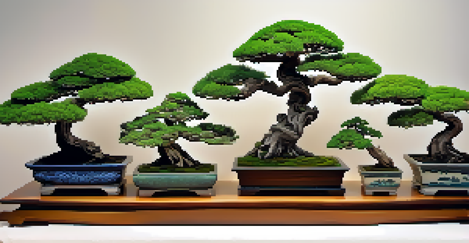 A colorful arrangement of various bonsai trees on a wooden shelf, showcasing different pruning techniques.
