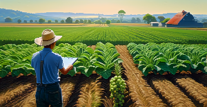 A farmer inspecting a field of genetically engineered crops, with lush green plants and a clear blue sky.