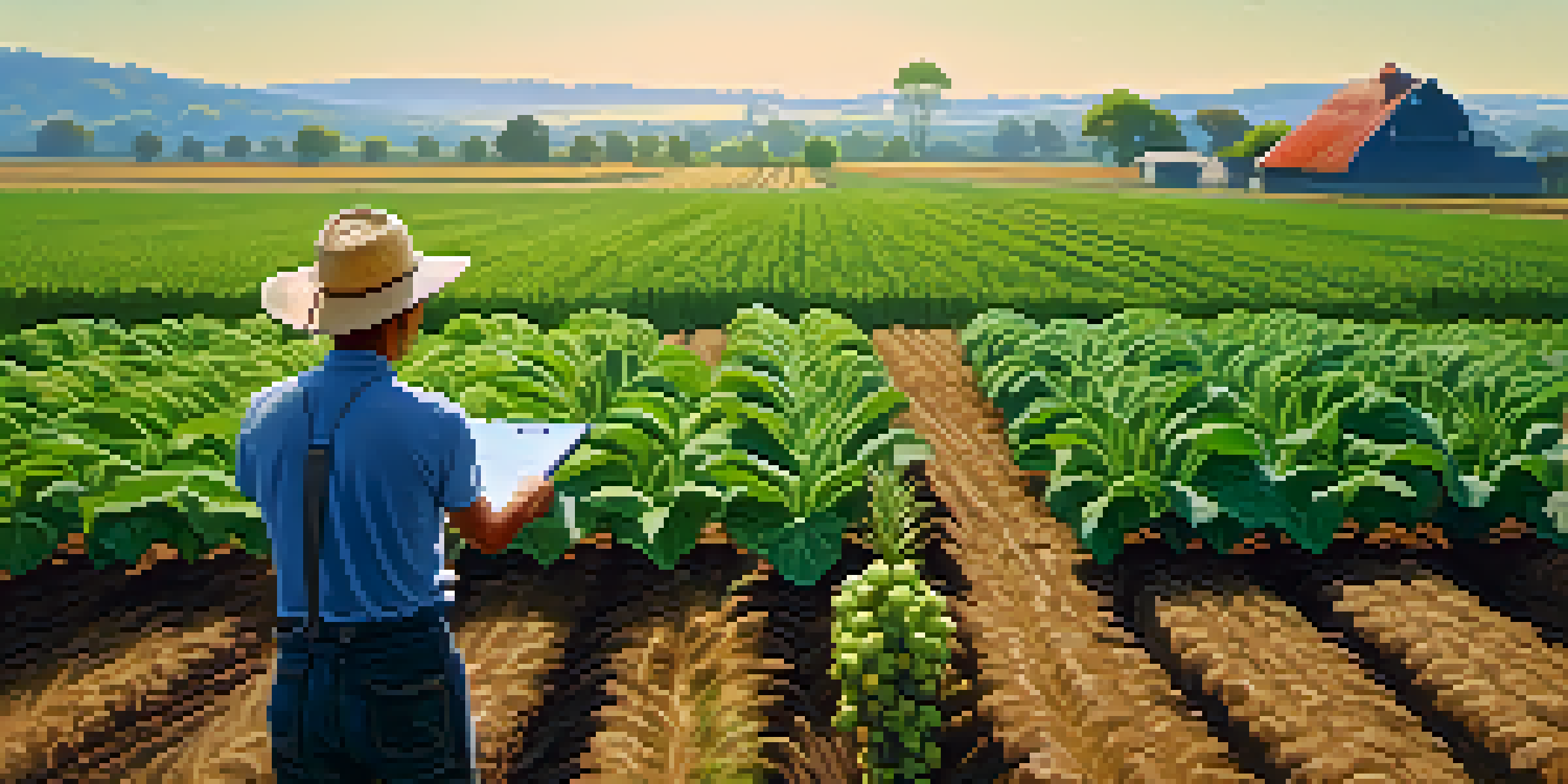 A farmer inspecting a field of genetically engineered crops, with lush green plants and a clear blue sky.