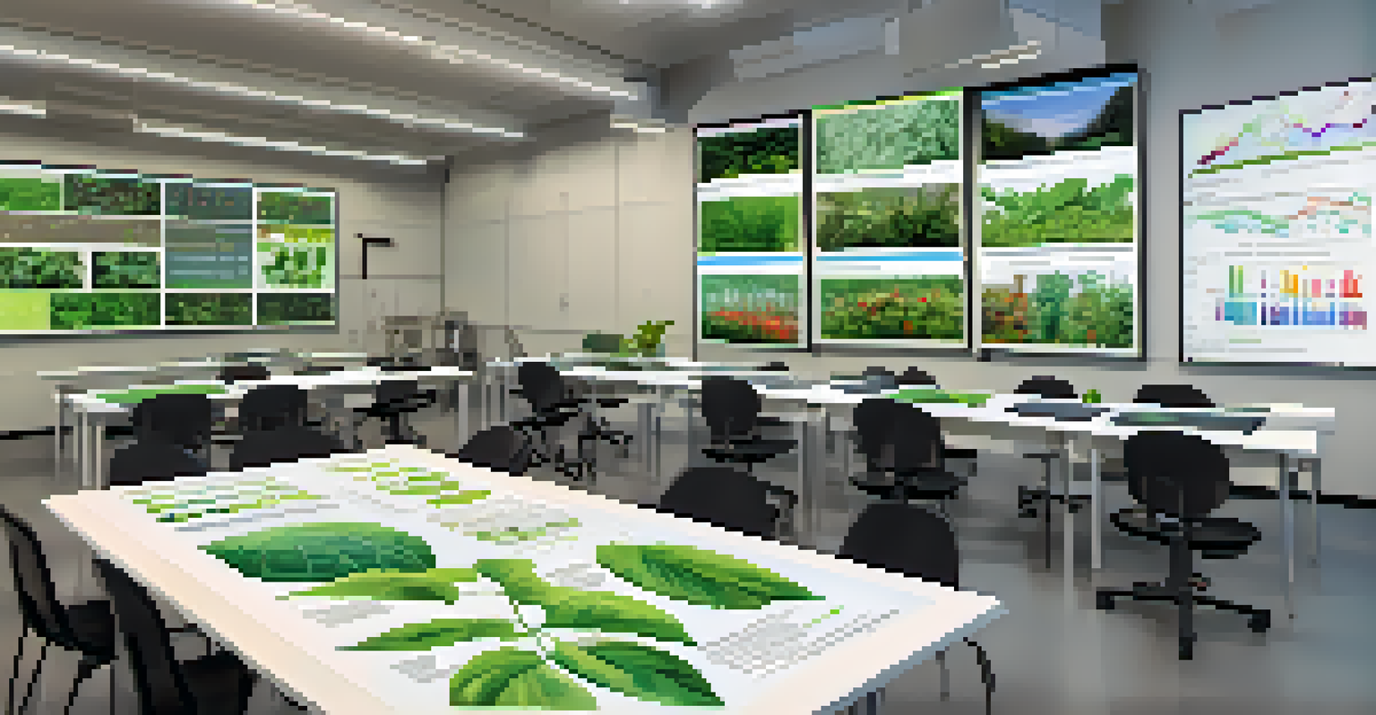 A classroom with students using drones and data software to study plant health, with charts on the walls.