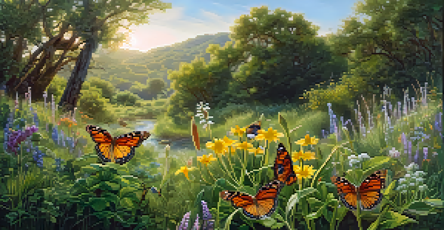 A semi-wild garden area filled with native plants and wildflowers, with butterflies and birds enjoying the sunny environment.