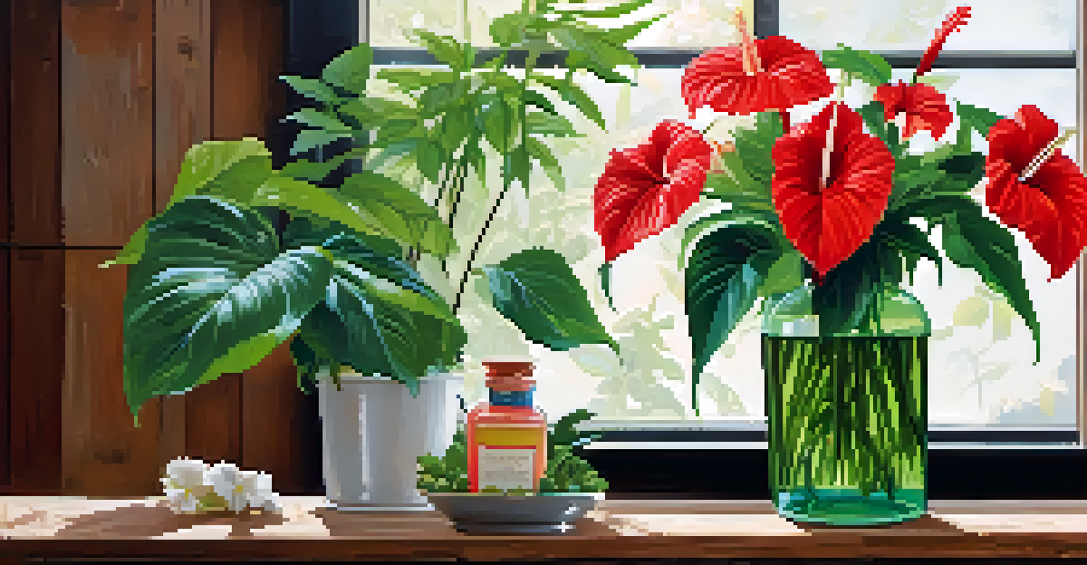 A collection of flowering houseplants on a wooden table with natural light shining down.