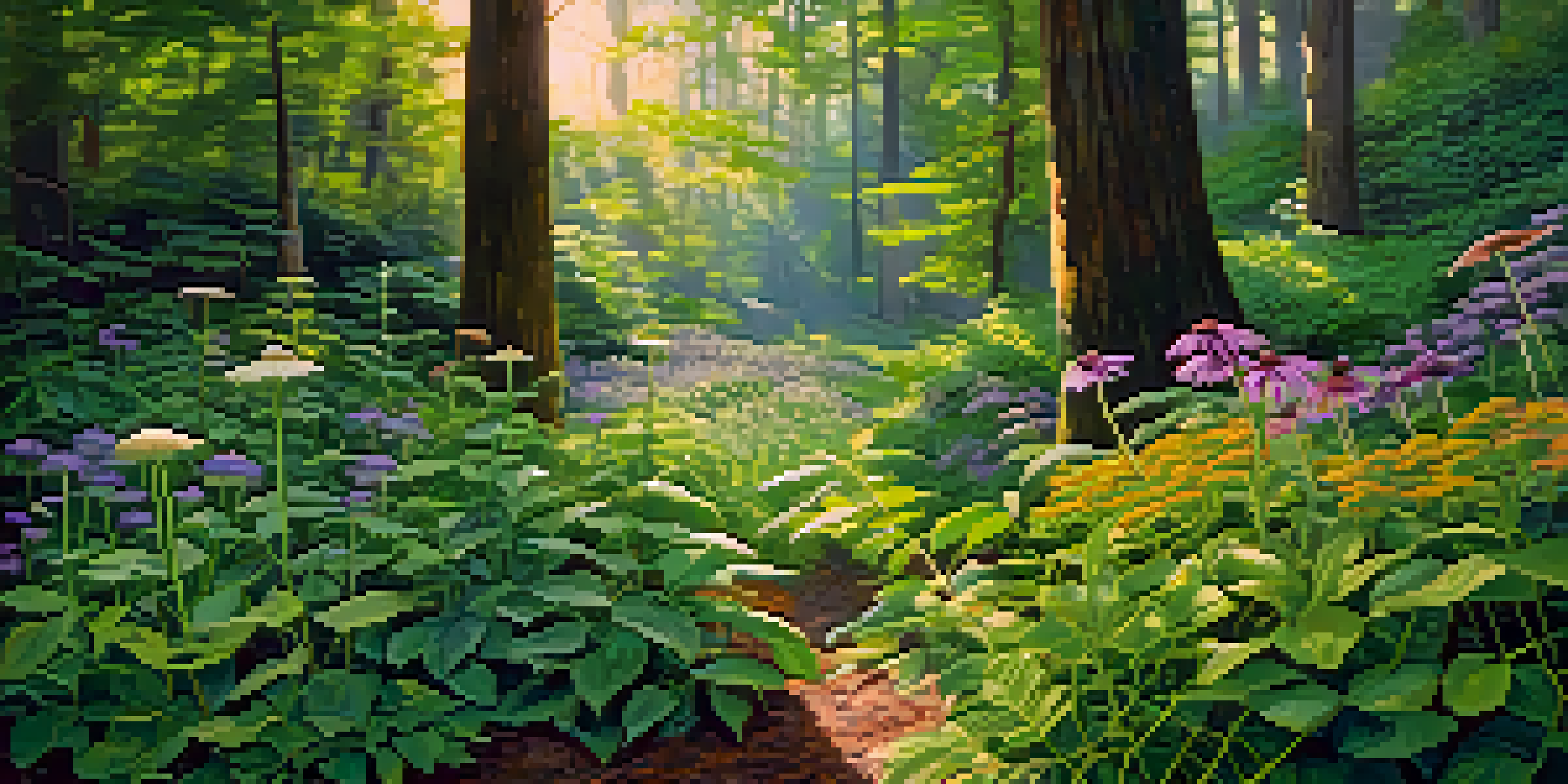 A peaceful forest scene filled with various medicinal plants under soft sunlight, highlighting their vibrant colors and textures.