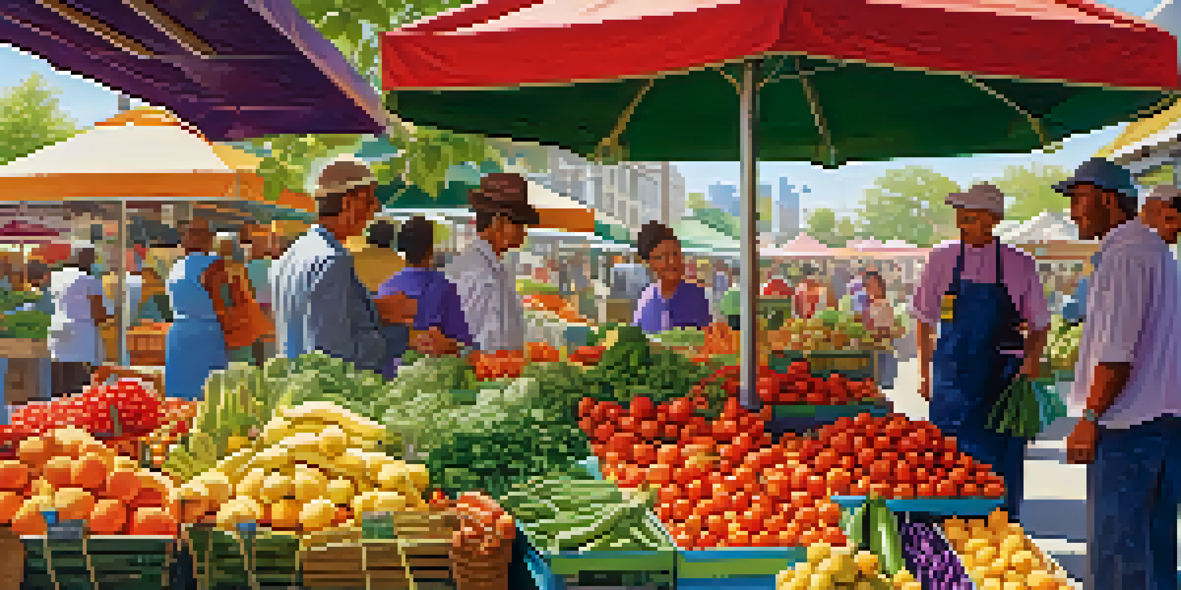 A lively market filled with colorful fruits and vegetables, with people of different backgrounds shopping and socializing under a sunny canopy.