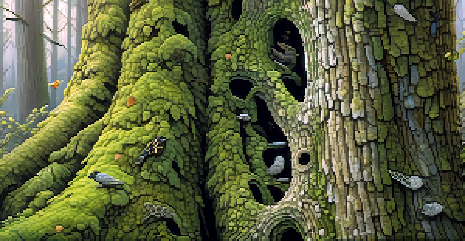 A detailed close-up of a moss-covered tree trunk with insects and small birds.