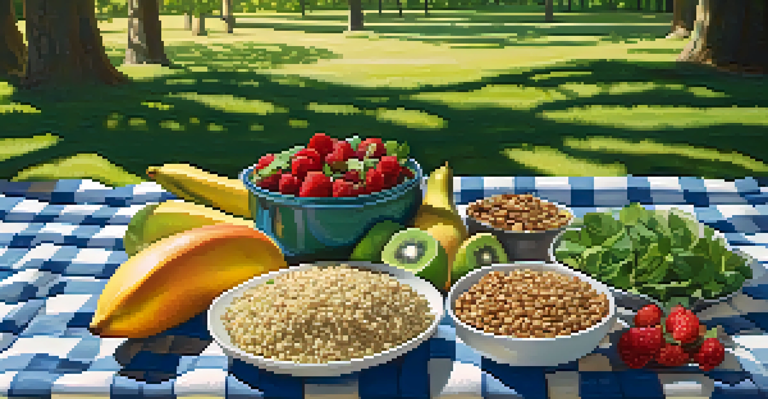 An outdoor picnic scene featuring a healthy plant-based spread on a checkered blanket, with greenery and sunlight in the background.