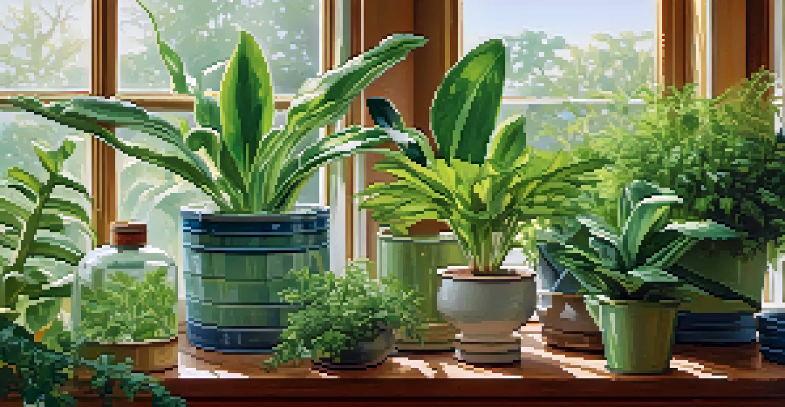 Indoor plants grouped on a windowsill with a hygrometer showing humidity levels.