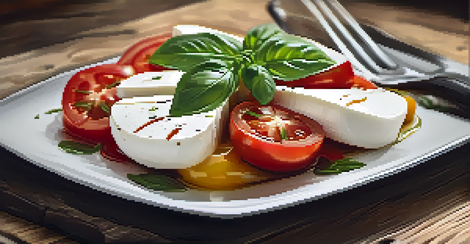 A Caprese salad with mozzarella, tomatoes, and basil on a white plate, drizzled with balsamic vinegar and olive oil on a wooden table.