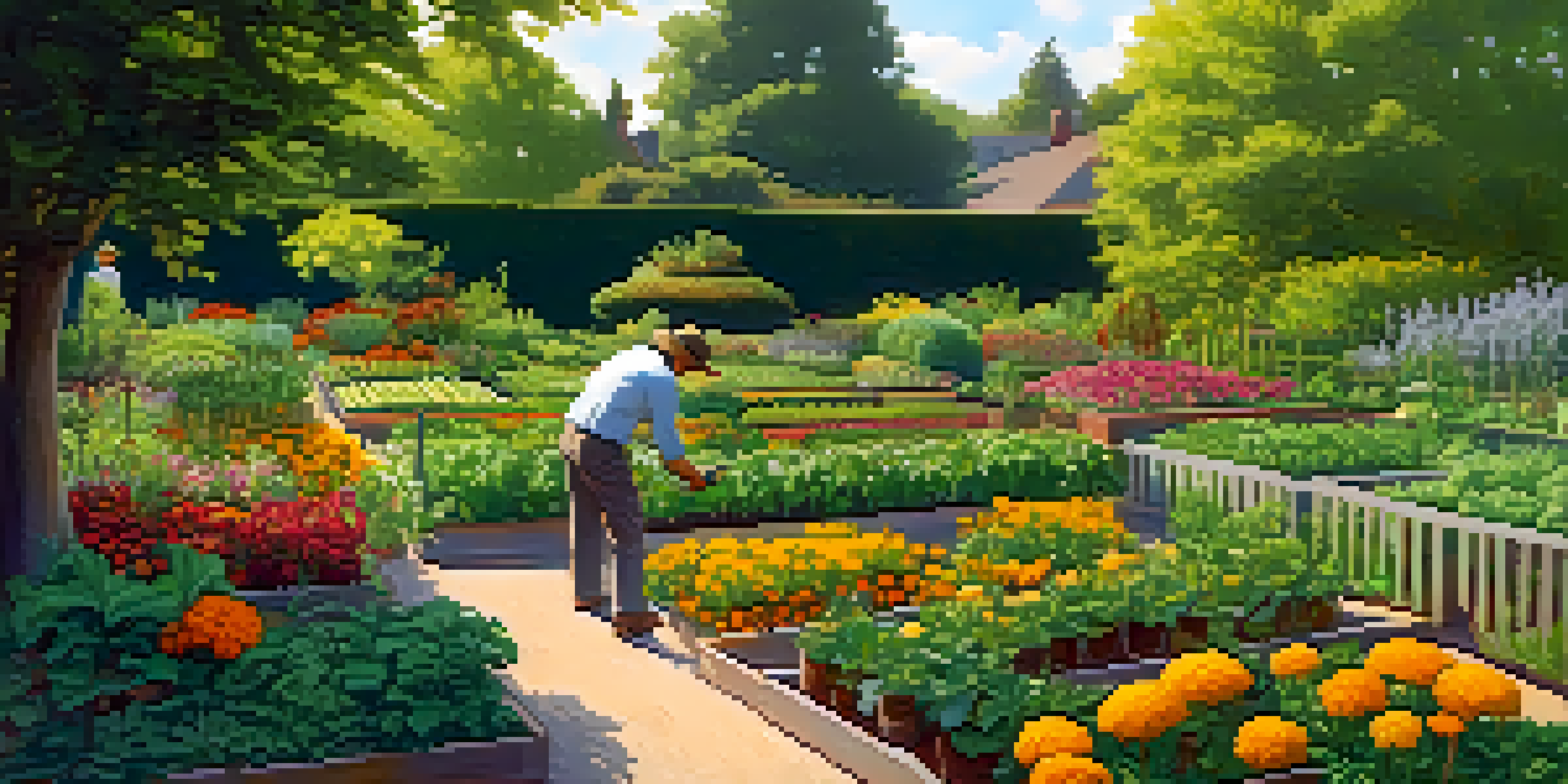 A gardener inspecting a vegetable garden for pests under soft sunlight, with healthy plants and blooming marigolds.