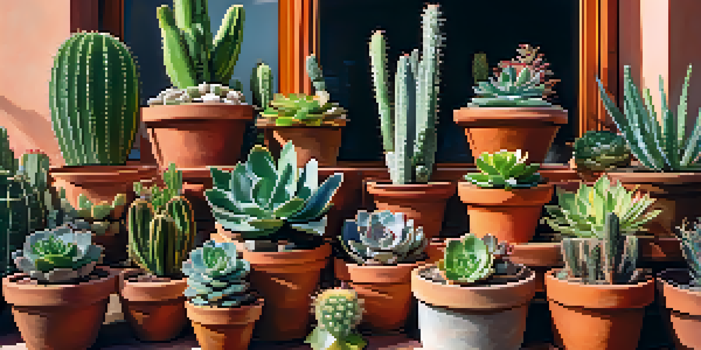 A variety of succulents and cacti in terracotta pots on a sunny windowsill with natural light.