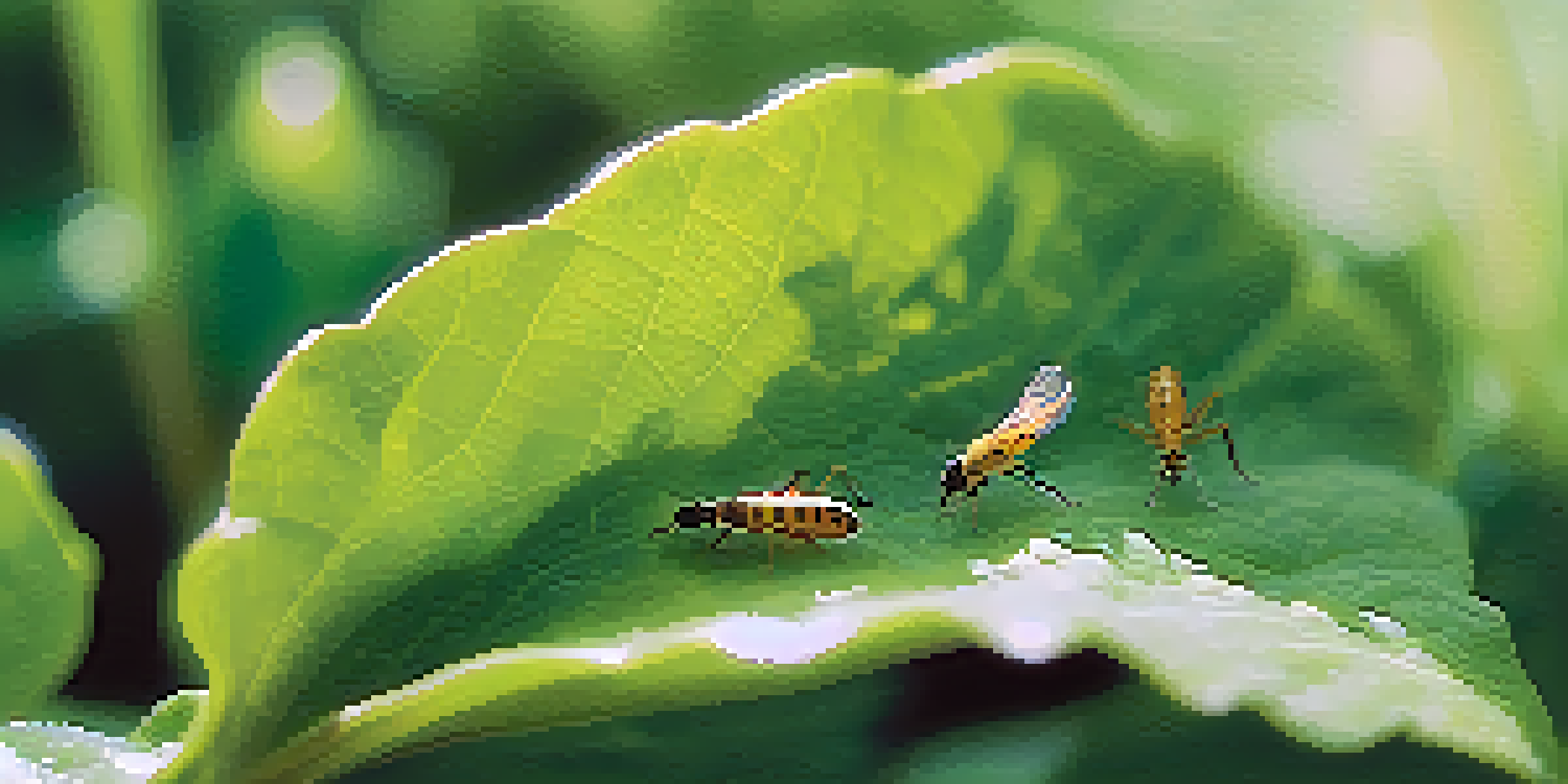 A detailed close-up of a garden leaf showing aphids on the underside, with sunlight creating a dappled effect.
