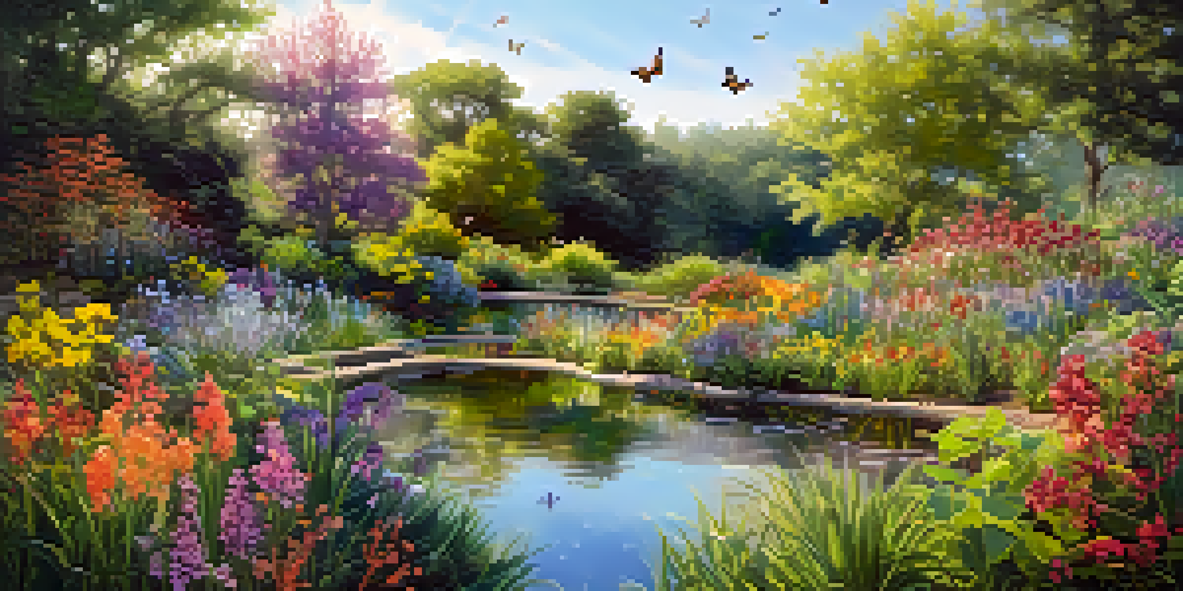 A colorful garden filled with native plants, wildflowers, and a small pond reflecting the sky, with butterflies and bees around.