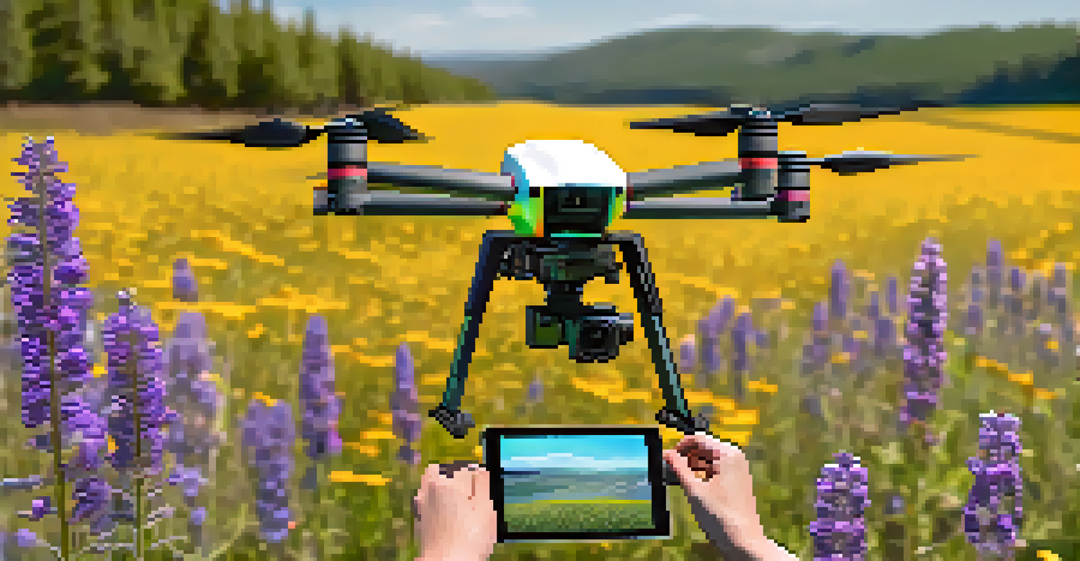 A drone with multispectral cameras hovering over a colorful field of wildflowers, with conservationists analyzing data nearby.