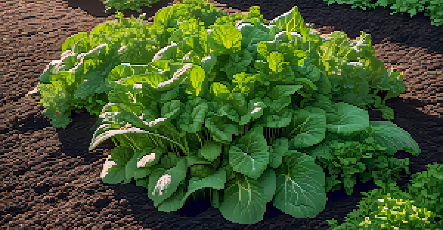 A detailed view of a vegetable garden with fresh organic mulch surrounding green vegetables, illuminated by warm sunlight.