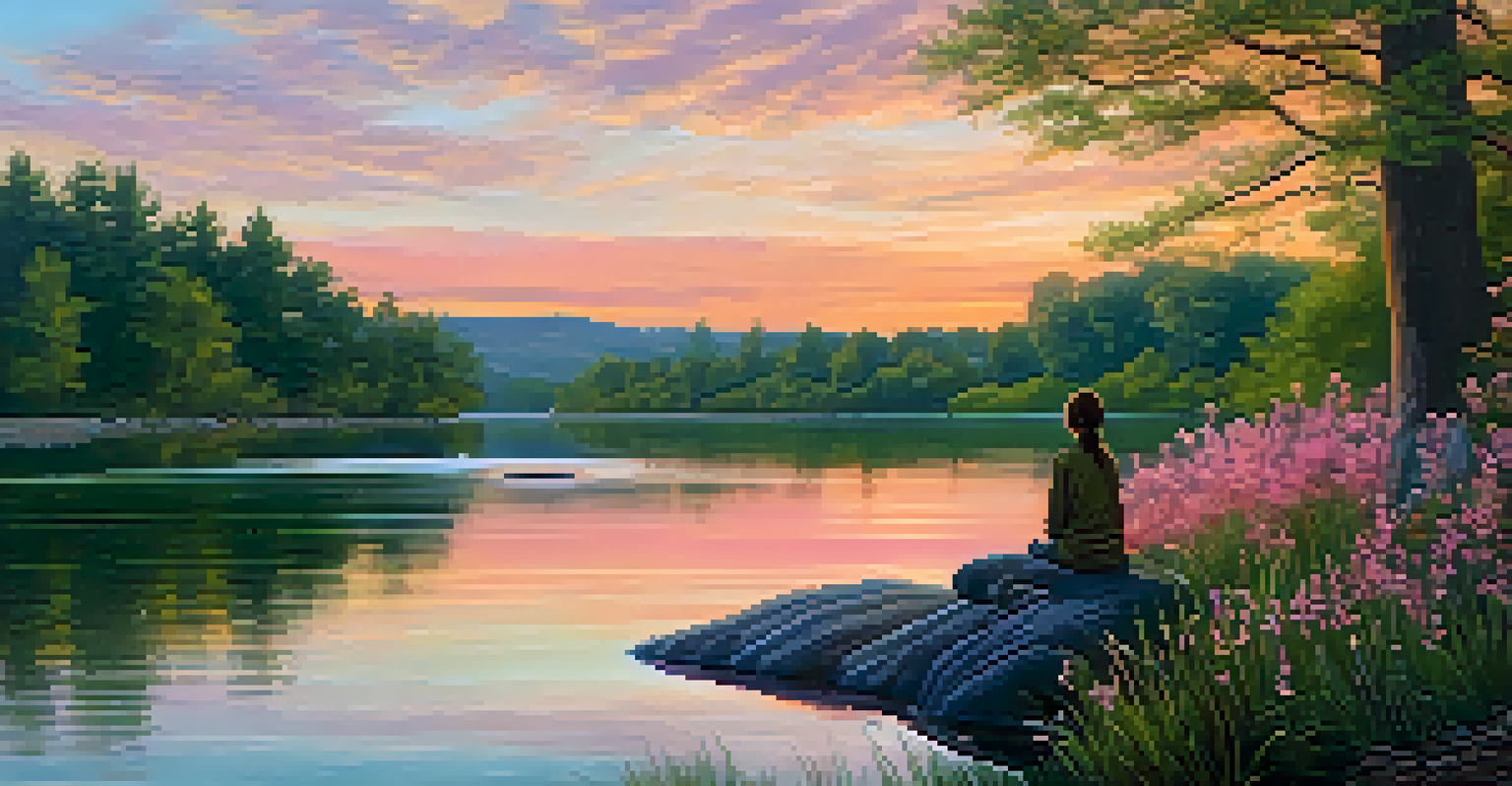 A person sitting on a rock by a river at sunrise, practicing mindfulness with closed eyes and a peaceful expression, surrounded by trees and wildflowers.