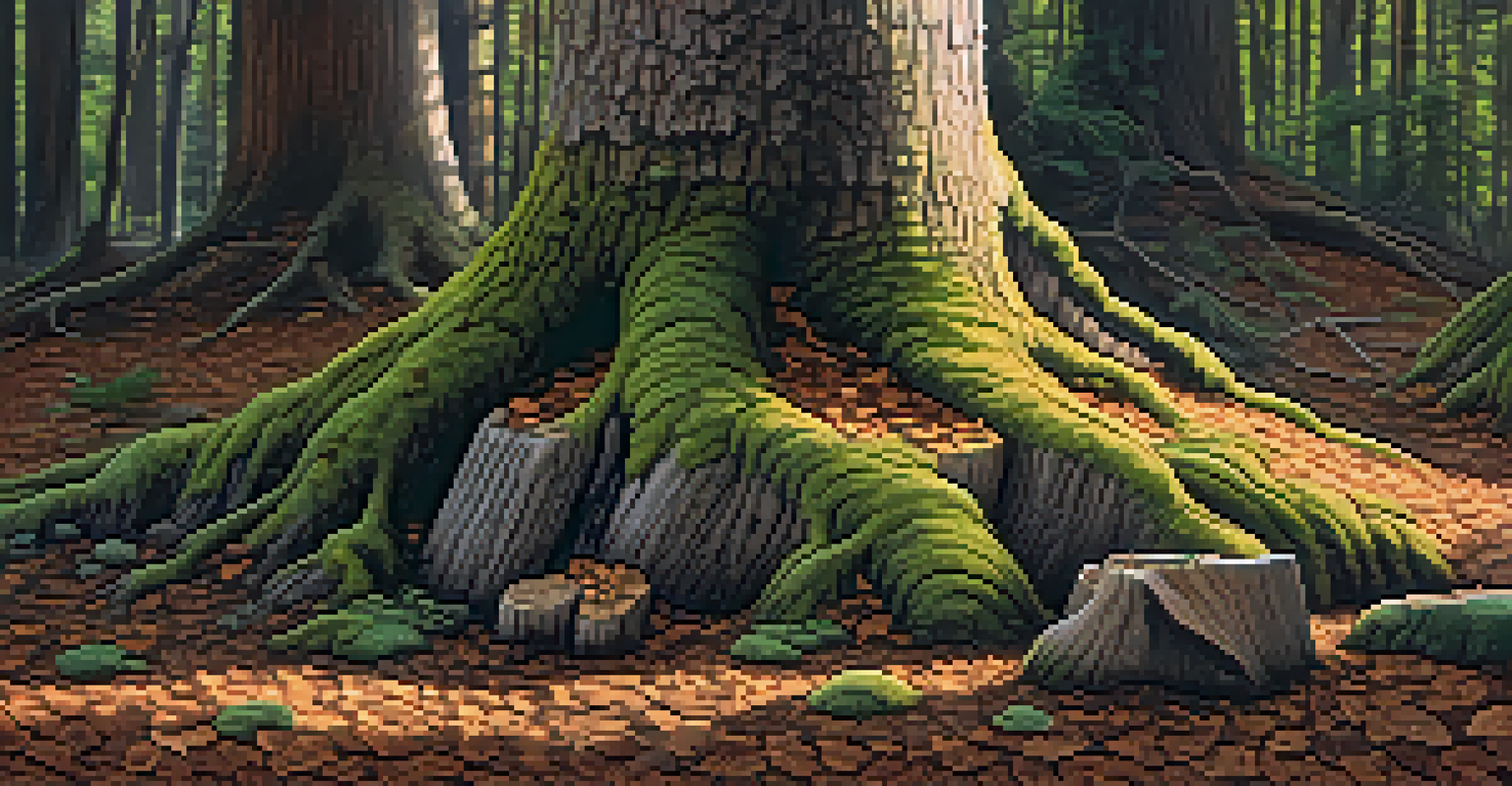 A close-up view of a tree stump with moss and fungi, illuminated by soft sunlight.