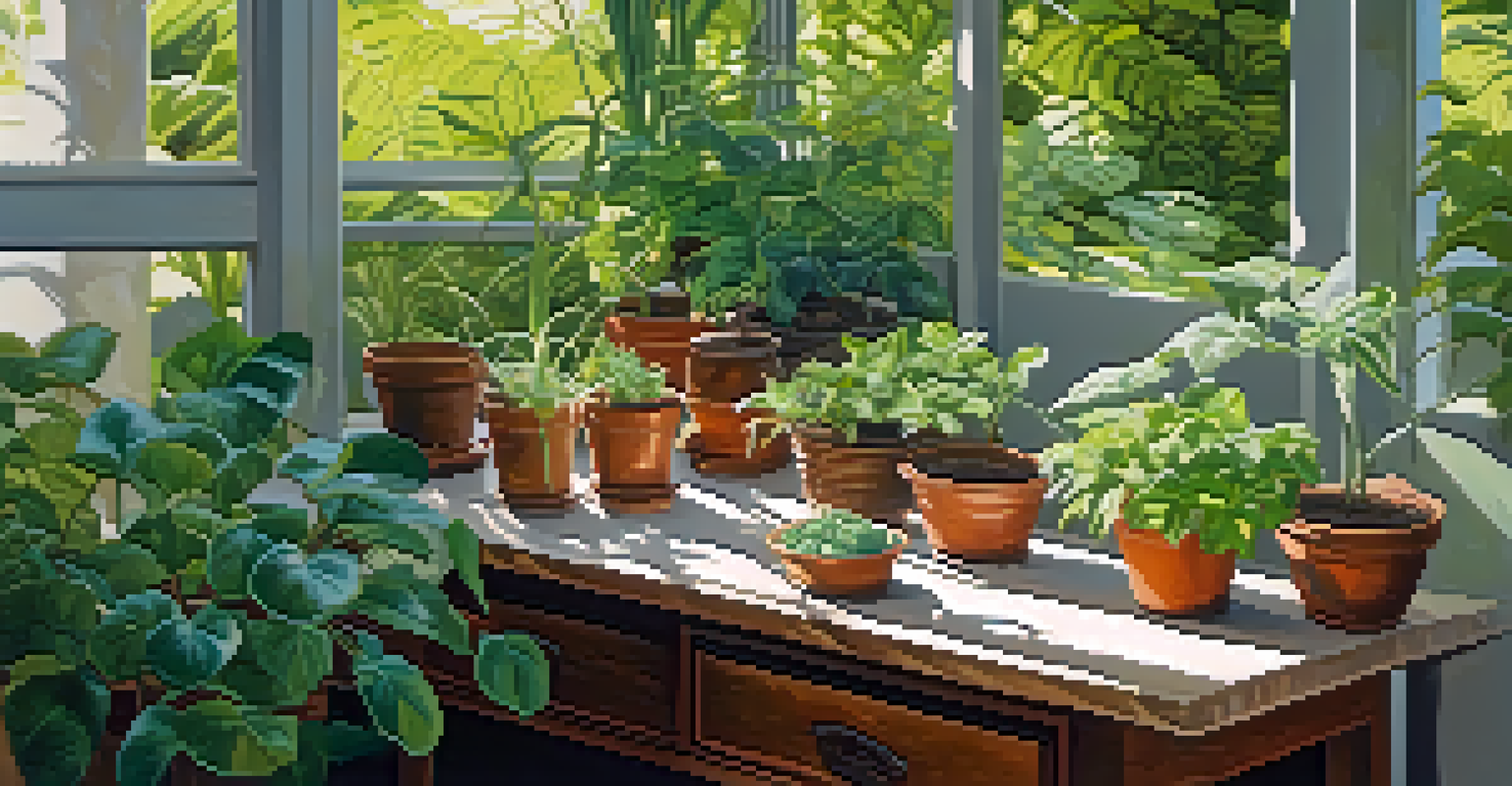 A tranquil garden setup with plant cuttings in soil on a table, surrounded by lush plants and soft sunlight.