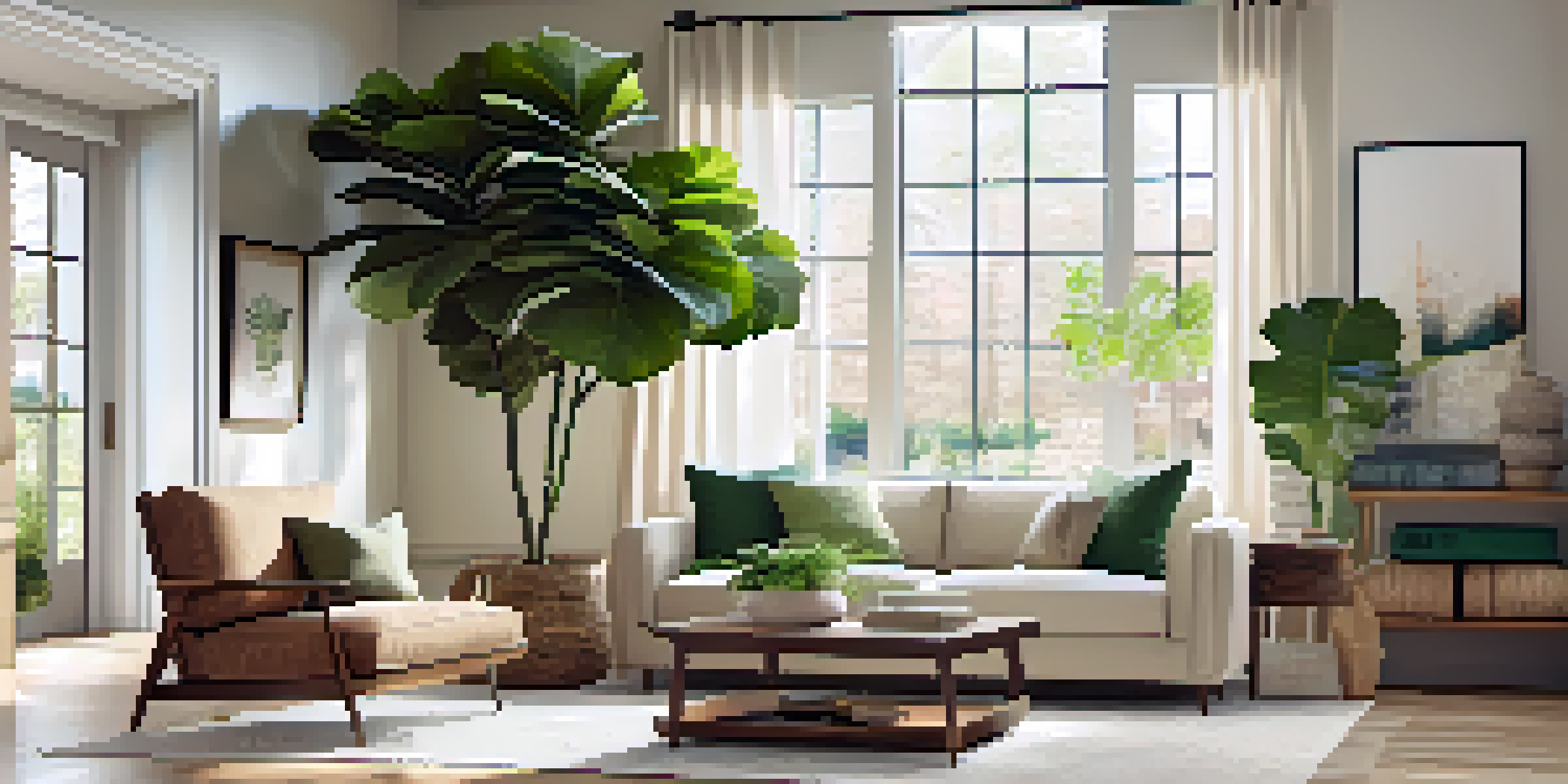 A cozy living room with a large fiddle leaf fig plant, natural light, and a comfortable sofa.