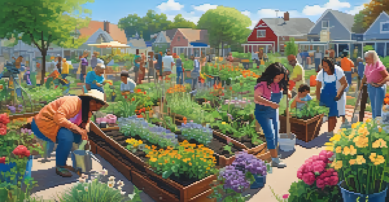 A community garden with people planting and caring for diverse plants and flowers, creating a vibrant and cheerful atmosphere.