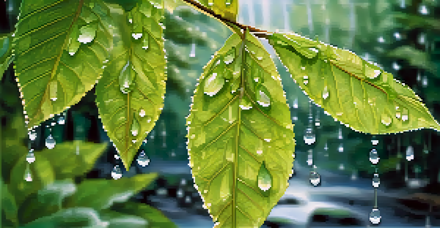 Close-up of tree leaves with water droplets, sparkling in the sunlight against a softly blurred forest background.