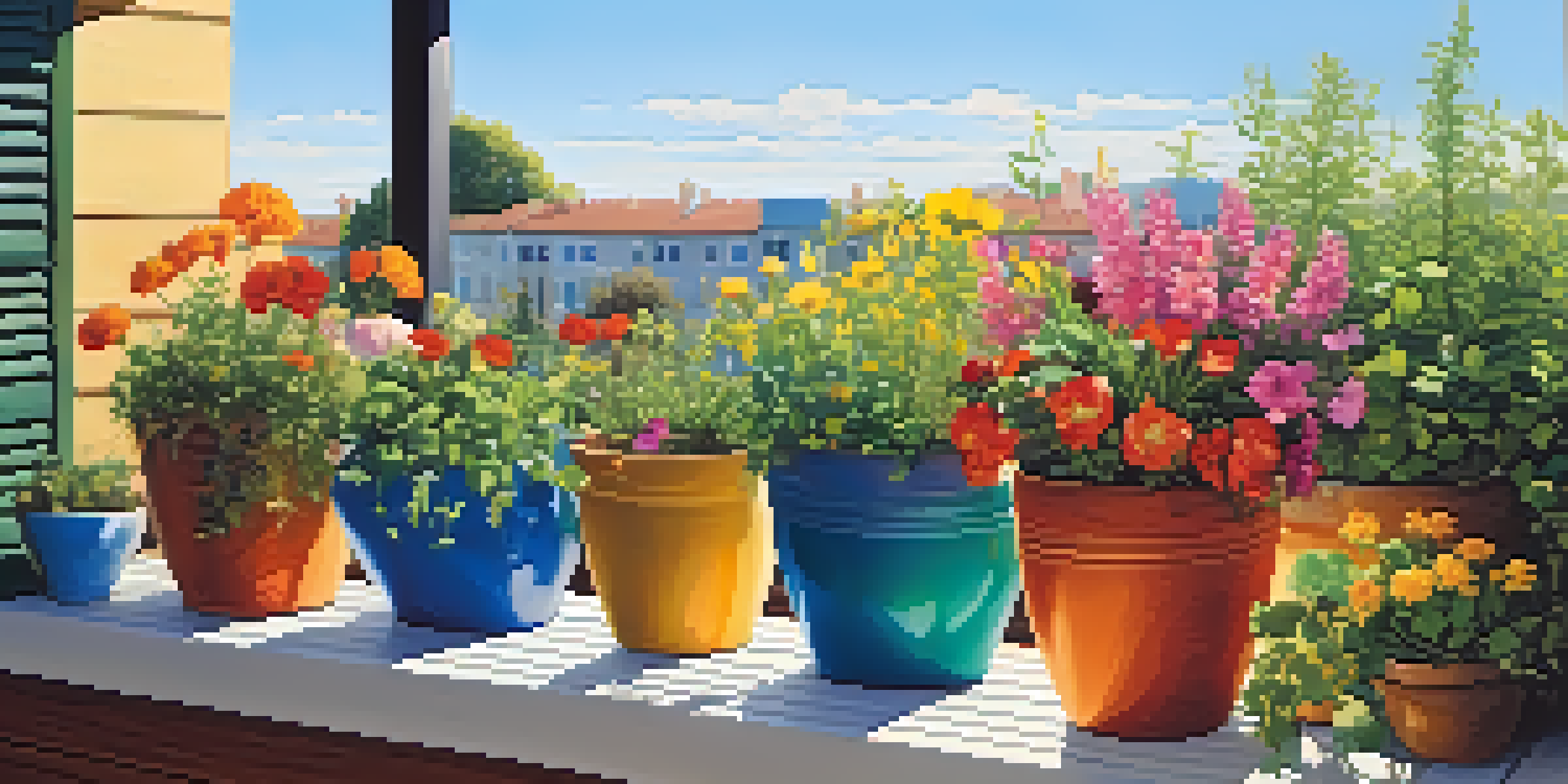 A sunny balcony filled with colorful flowers and herbs in various containers, showcasing a vibrant container garden.