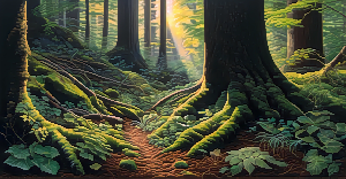 A colorful forest with healthy plants and visible mycorrhizal fungi connecting their roots, illuminated by sunlight.