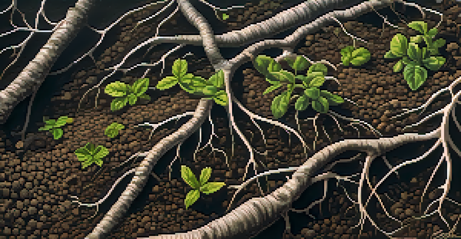 A close-up view of healthy, dark, and crumbly soil rich in organic matter with visible plant roots and small insects, indicating a thriving ecosystem.