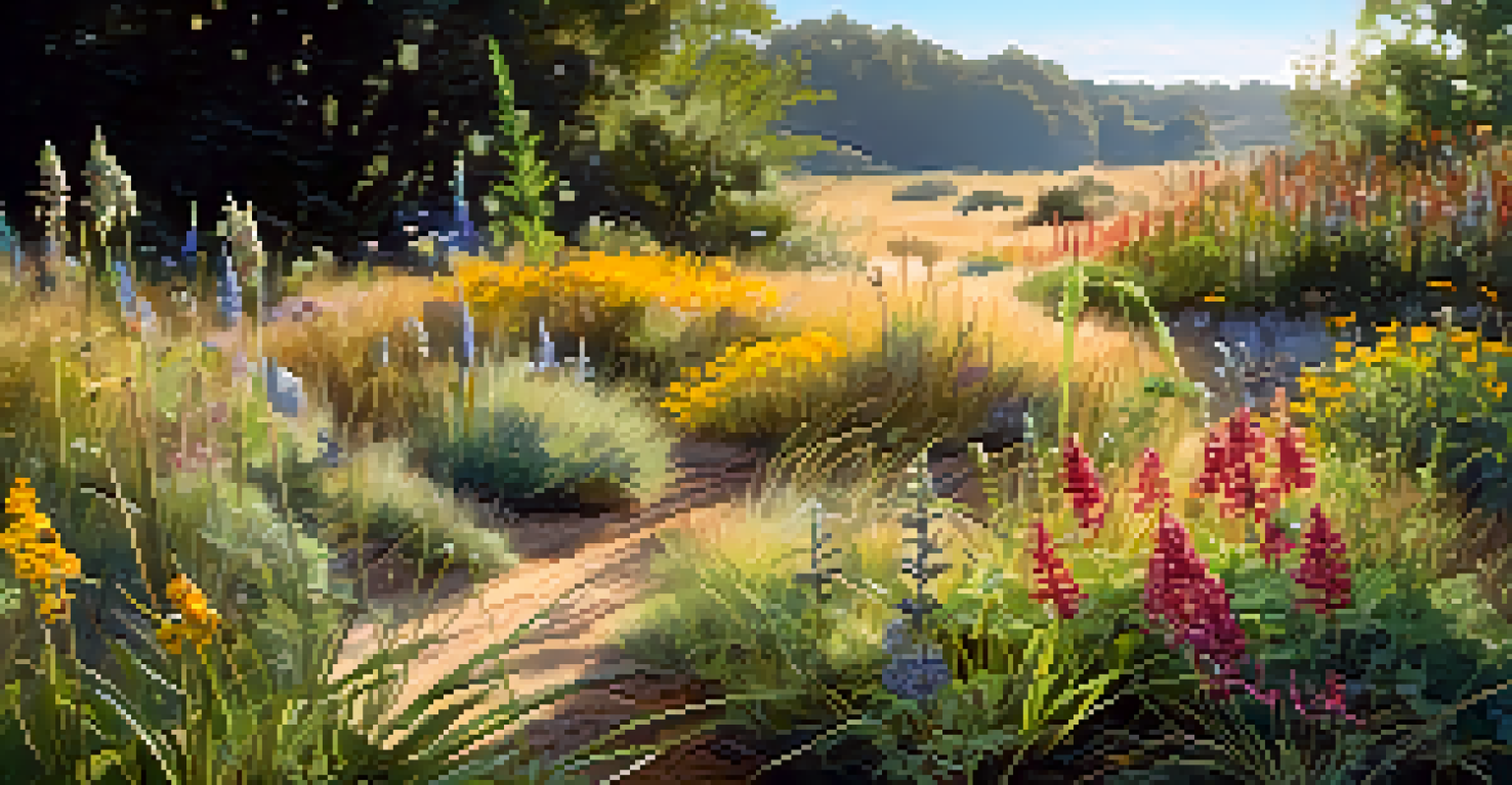 A close-up of a native plant garden with wildflowers and grasses, showcasing pollinators like butterflies and bees in a sunny setting.