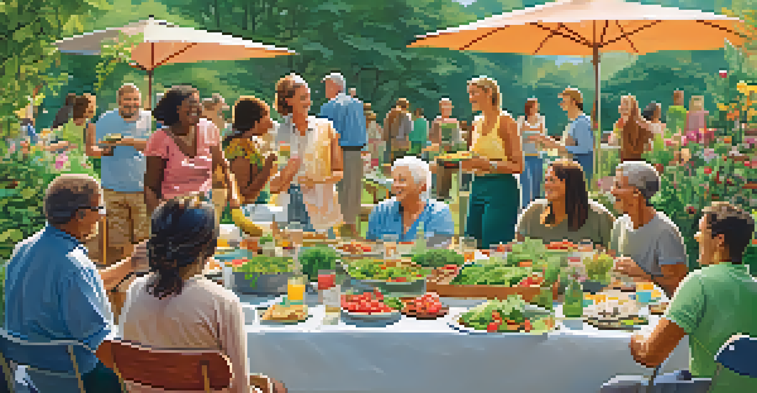 Volunteers enjoying a potluck meal in a vibrant community garden filled with fresh produce and laughter.