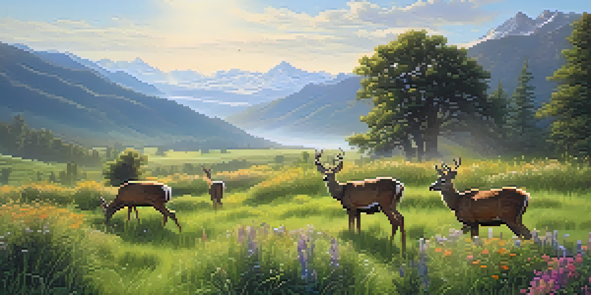 A peaceful meadow with deer grazing among colorful wildflowers, illuminated by warm sunlight with mountains in the background.