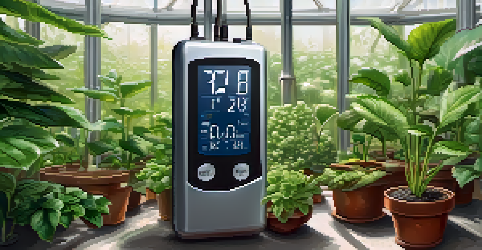 A close-up view of a digital thermometer and sensors in a greenhouse, surrounded by healthy green plants, displaying temperature data.