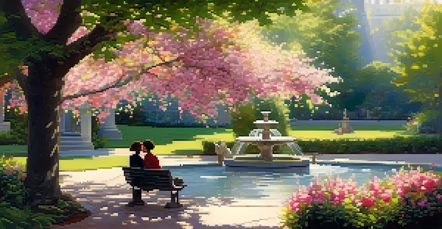 A couple in a garden sitting on a bench surrounded by colorful flowers and a small fountain.