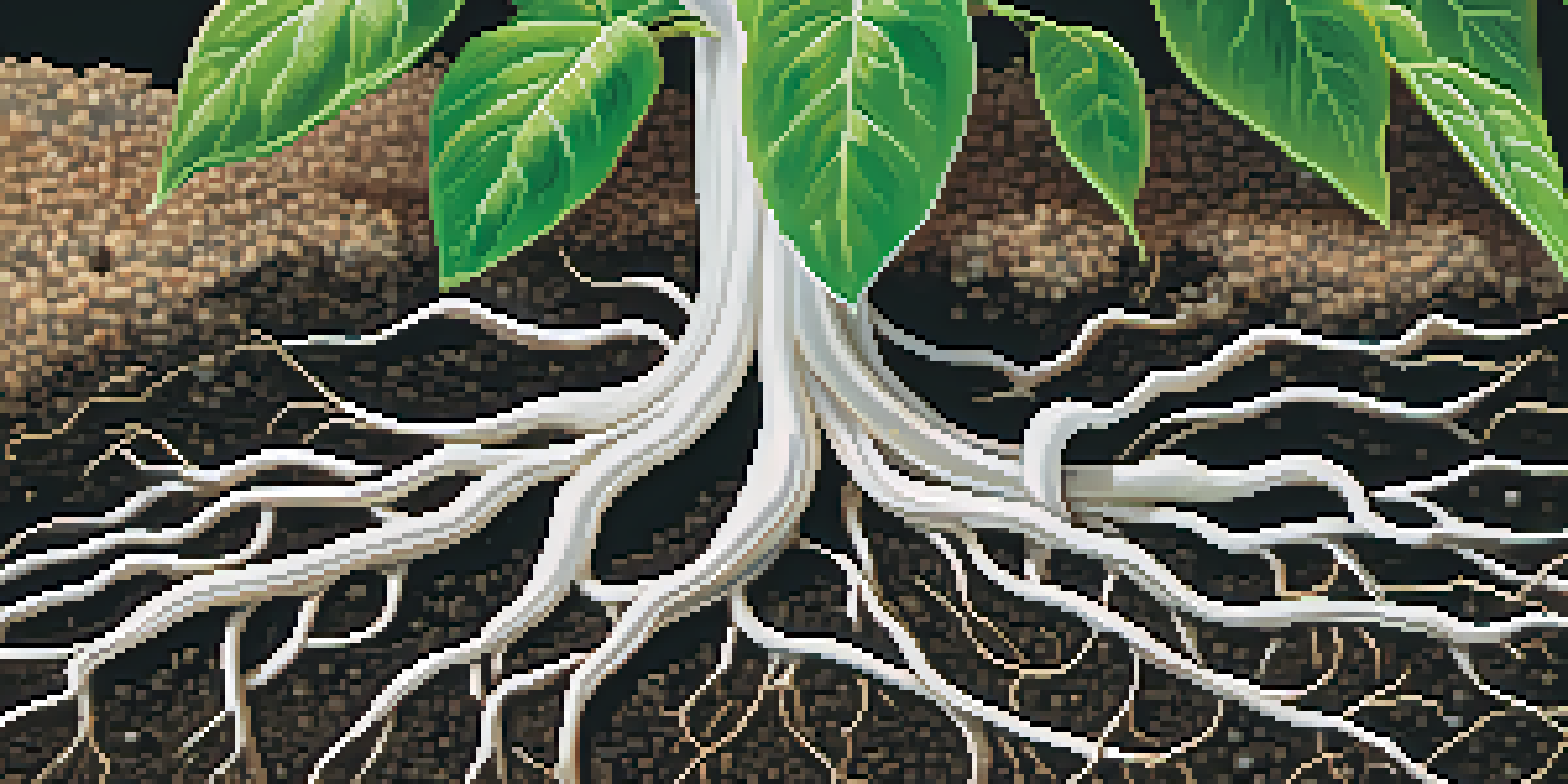 Close-up of healthy plant roots in rich, well-draining soil with perlite, showcasing bright white roots and green plant leaves in the background.
