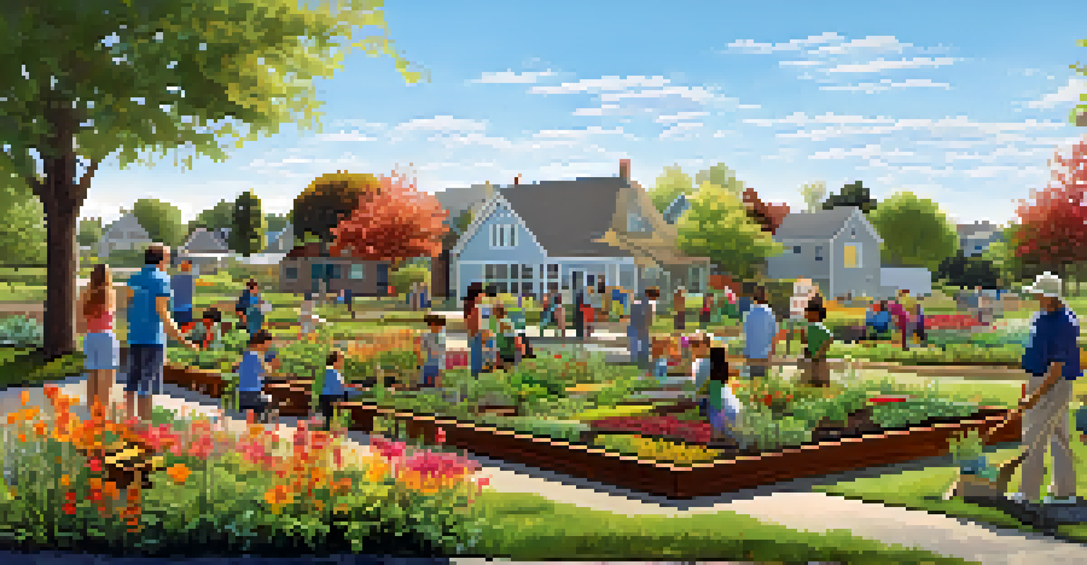 A lively community garden with people planting native plants, surrounded by blooming flowers and a clear sky, promoting local biodiversity.