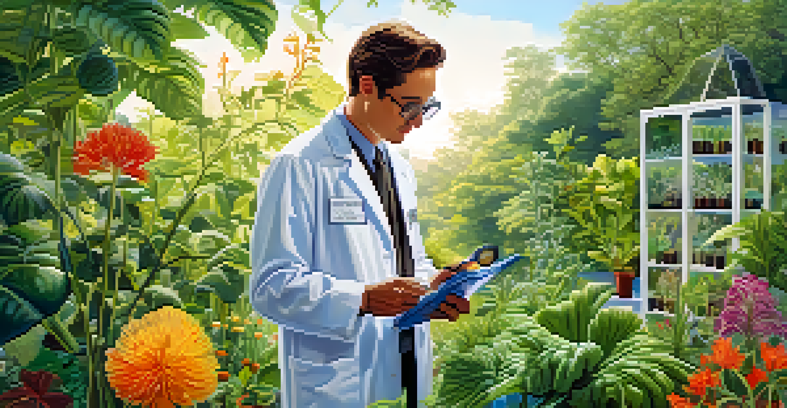 A researcher in a lab coat studying a rare plant with a magnifying glass amidst a colorful botanical garden.