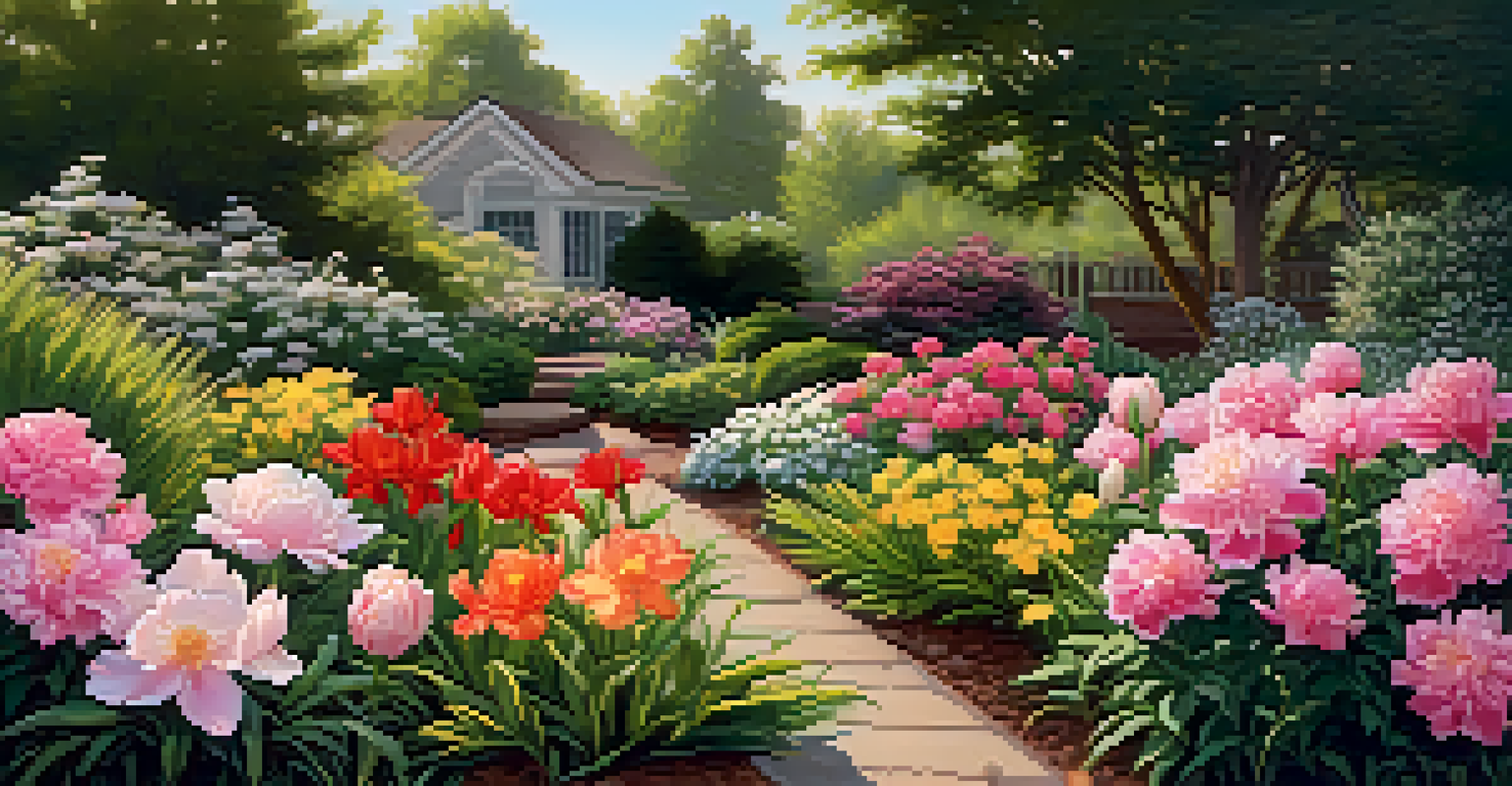 A peaceful garden scene with blooming perennial plants such as peonies and daylilies under soft sunlight.