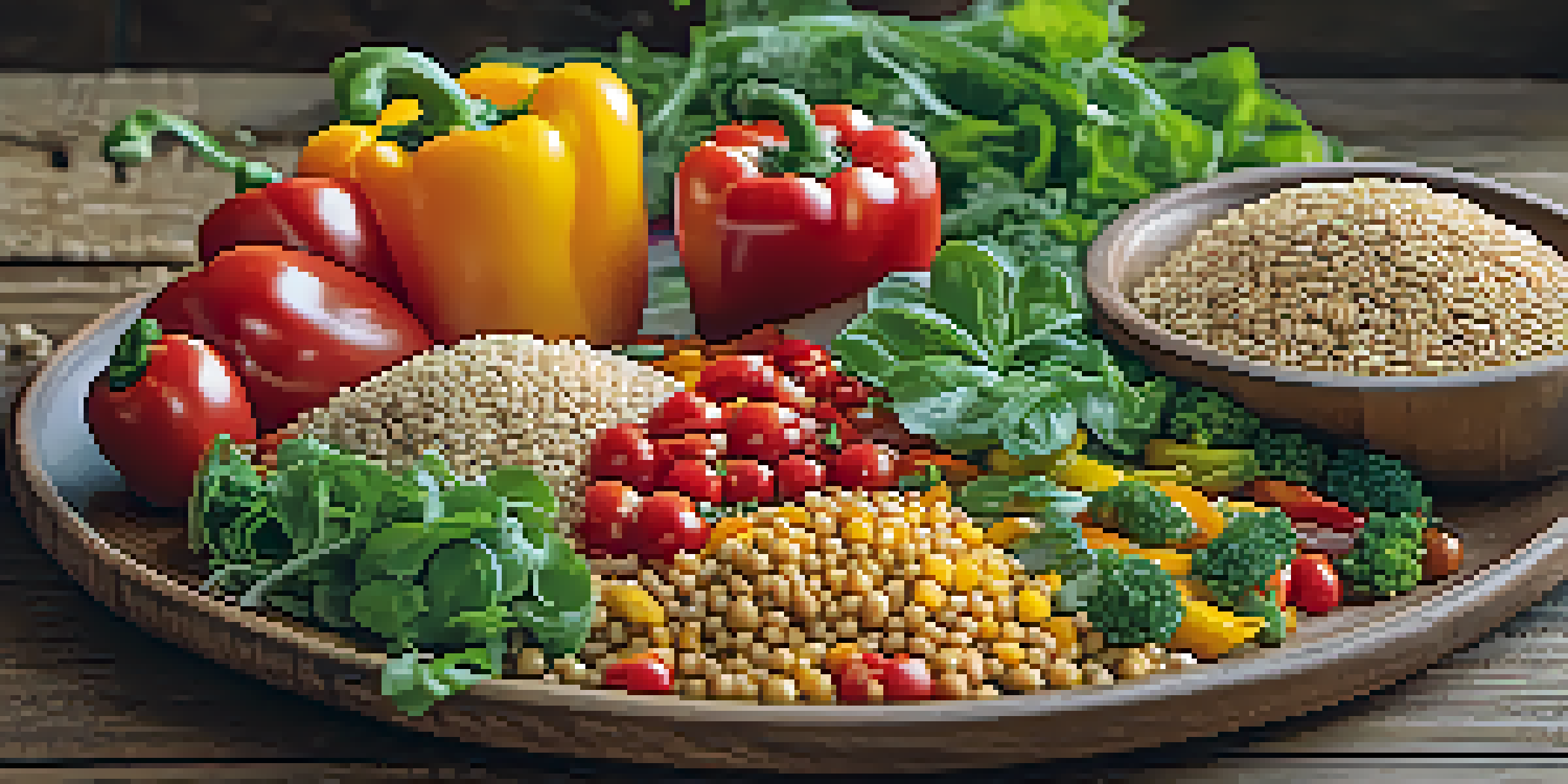 A colorful plant-based meal featuring fresh vegetables, grains, and herbs on a rustic wooden table.