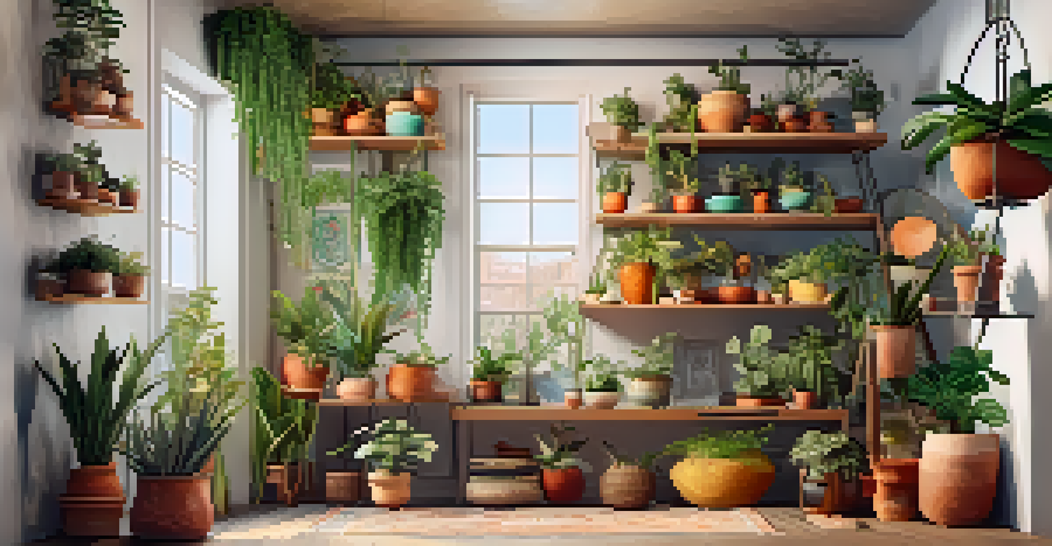 A bohemian-style corner with colorful pots, hanging plants, and a vintage ladder displaying small potted plants.