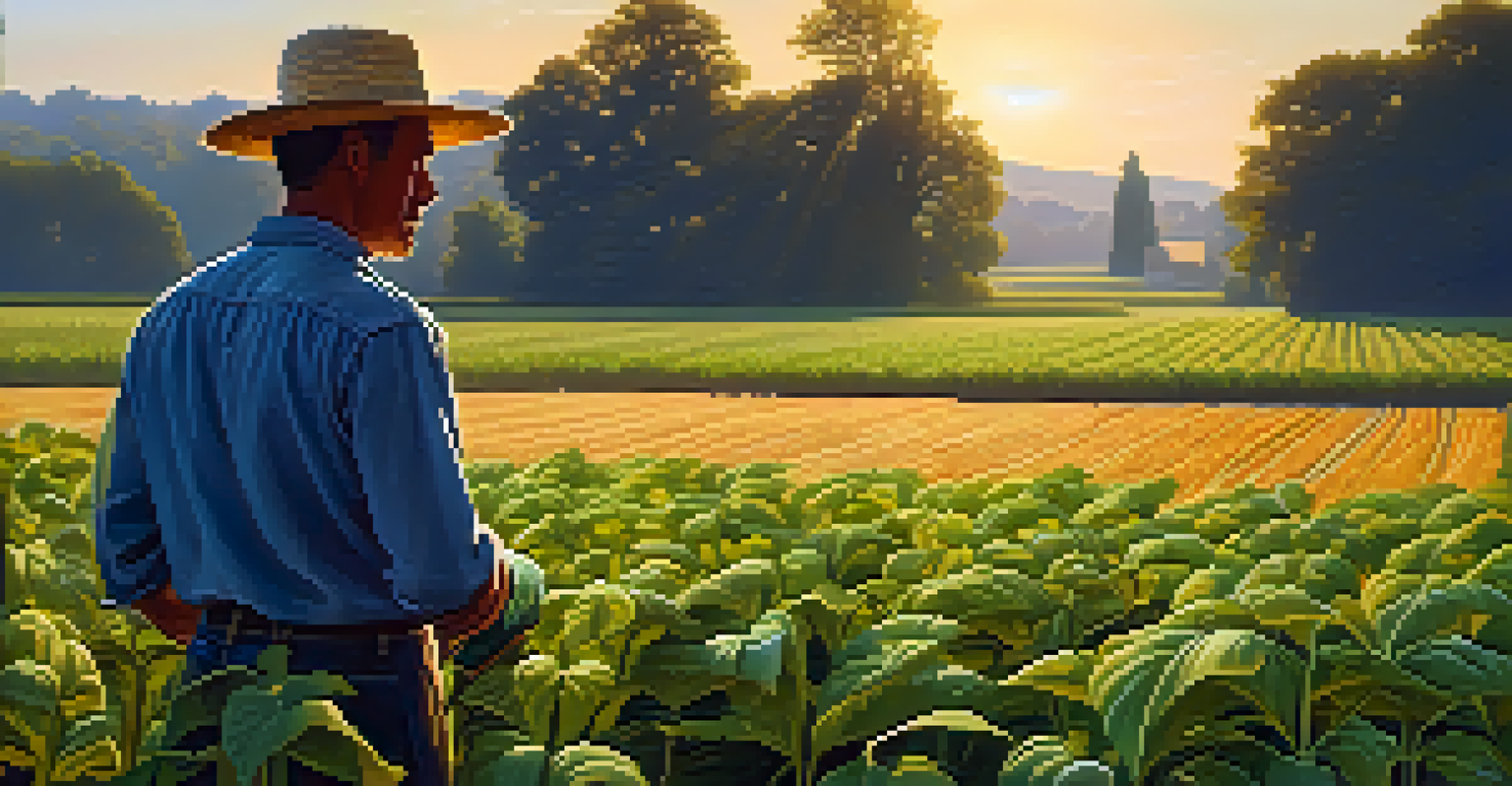 A farmer inspecting a field of genetically modified crops during sunset, surrounded by lush greenery.
