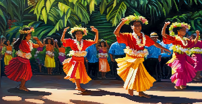 A group of hula dancers in traditional Hawaiian costumes performing at the Merrie Monarch Festival, surrounded by tropical flowers and greenery, with sunlight filtering through the trees.