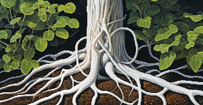 A detailed view of plant roots with white mycorrhizal fungi in dark soil under soft sunlight.