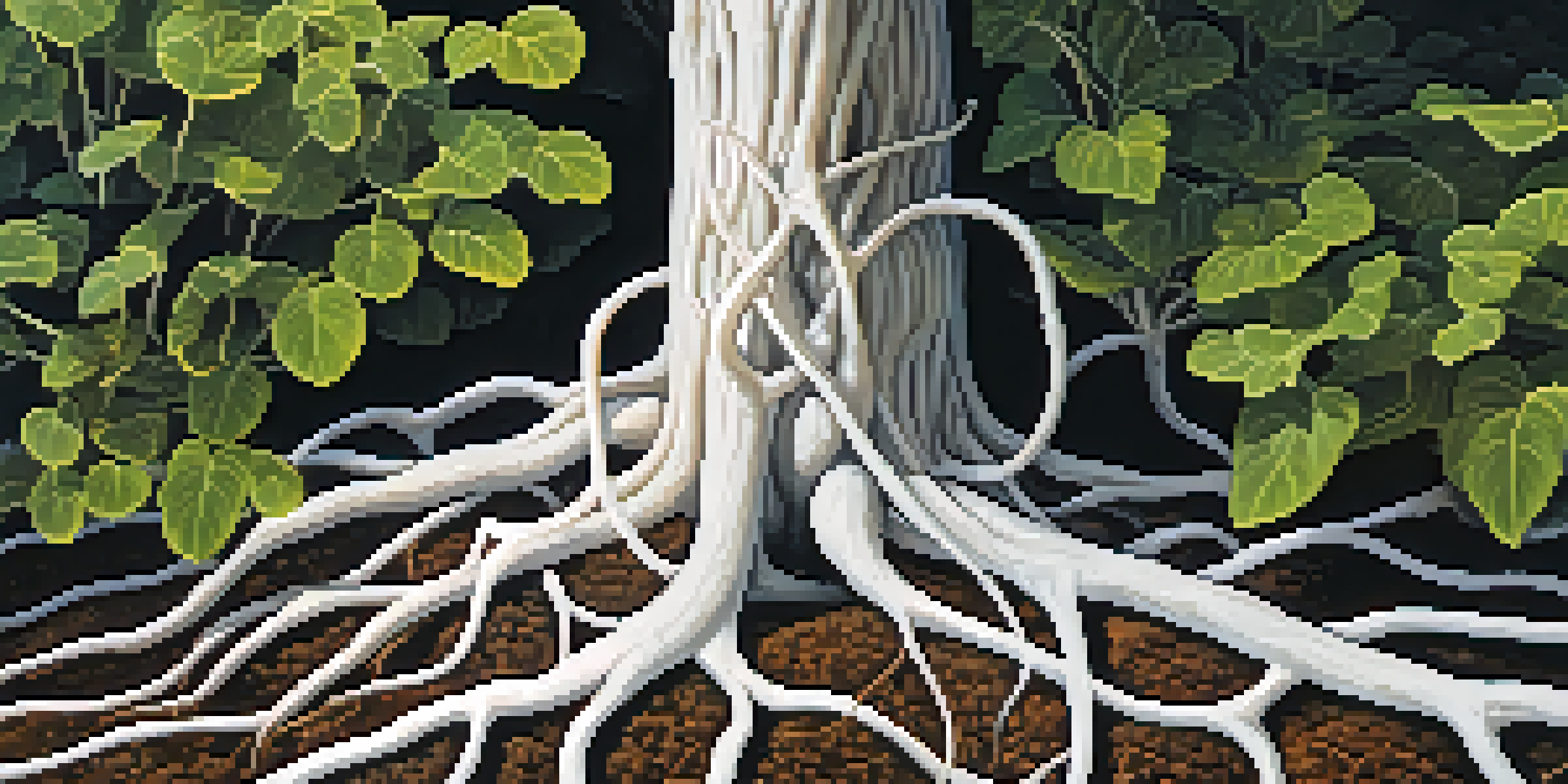 A detailed view of plant roots with white mycorrhizal fungi in dark soil under soft sunlight.