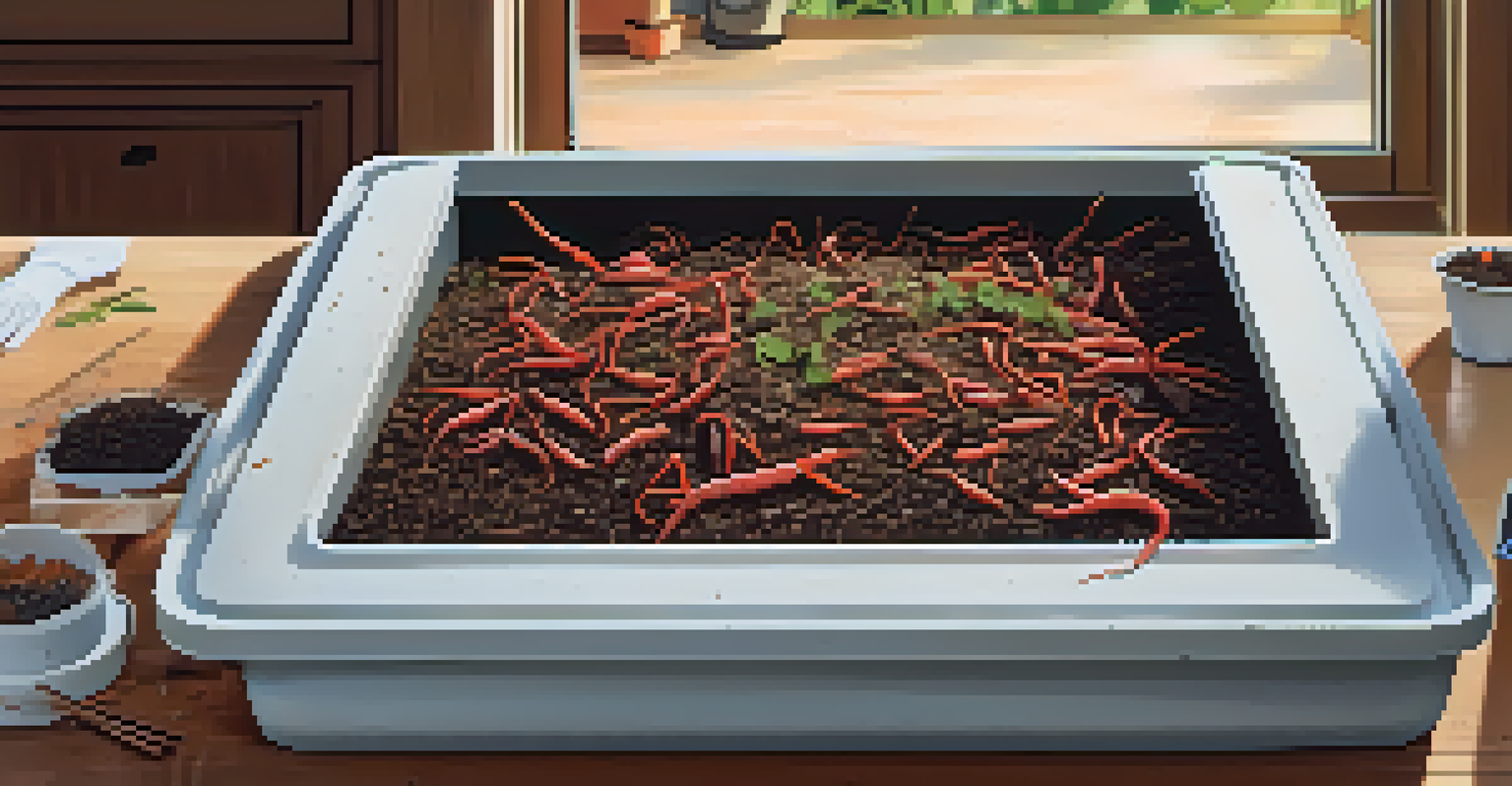 An indoor vermicomposting bin filled with soil and red worms on a kitchen table, with vegetable scraps beside it, illuminated by natural light.