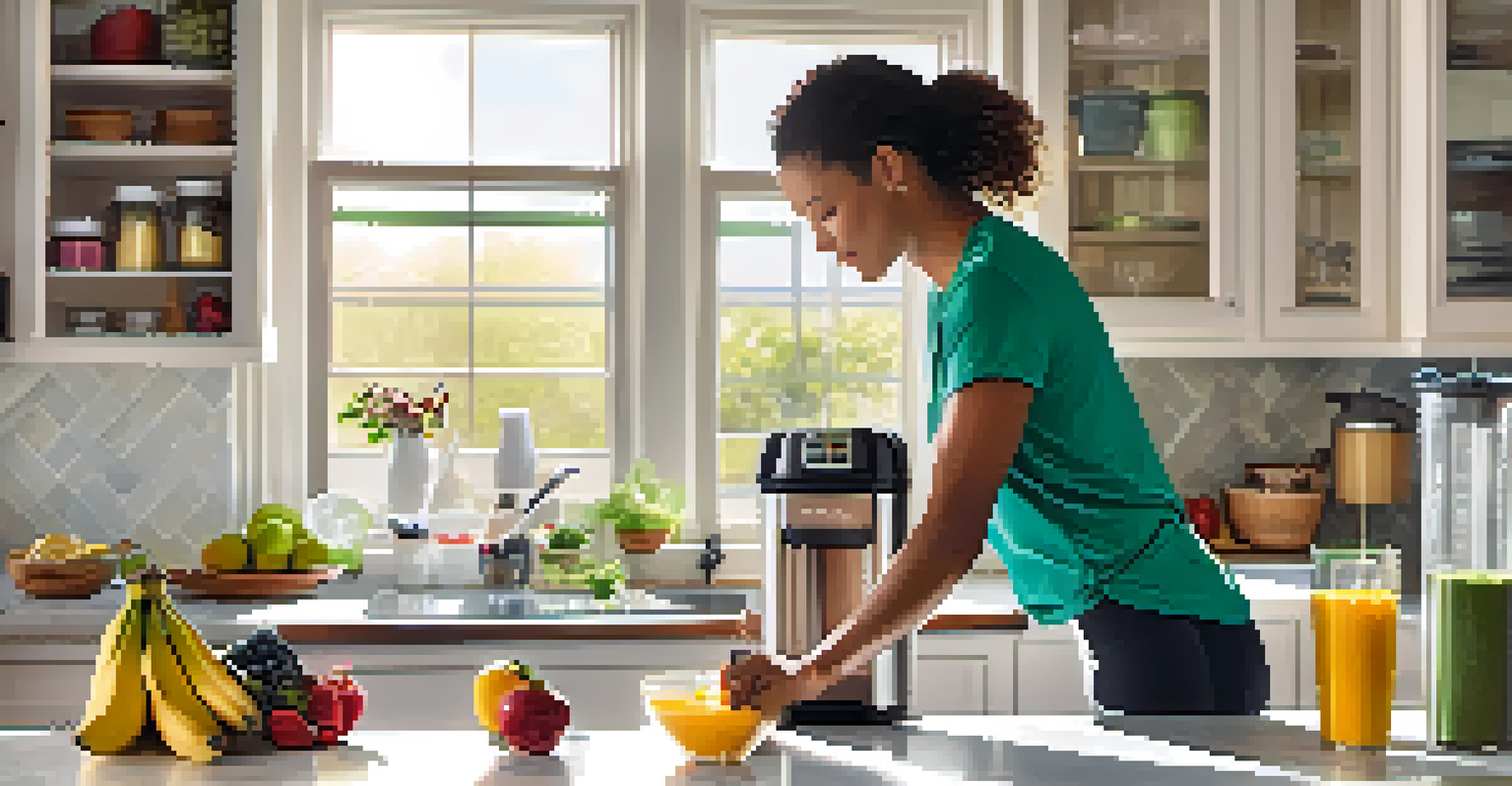 An athlete making a smoothie with fresh fruits and spinach in a bright modern kitchen.